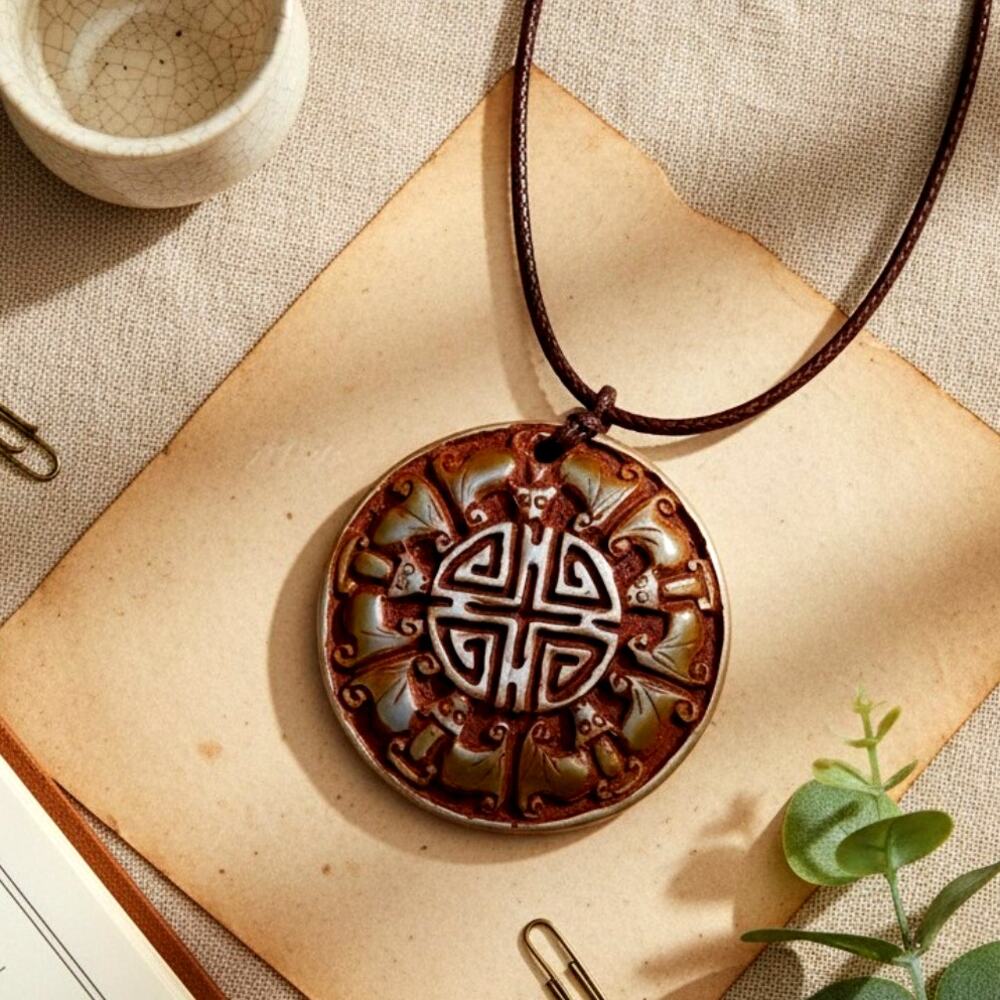 Vintage Carved Cinnabar Pendant | Chinese Longevity Symbol | Large